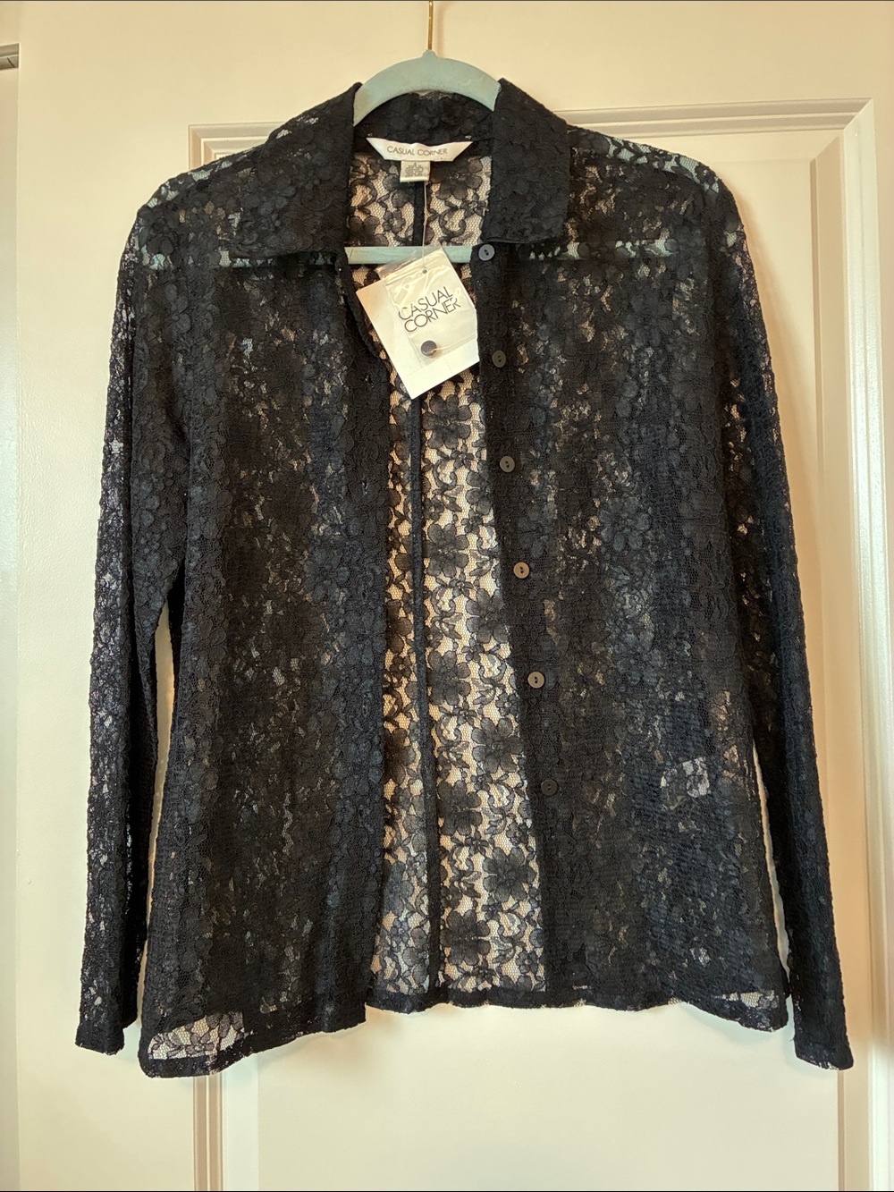 Casual Corner Black Sheer Lace Button-Up Blouse